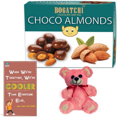 BOGATCHI Rakhi Chocolate Gift Pack for Sister, Chocolate Coated Almonds, 200g + Free Rakhi Greeting Card + Free Teddy
