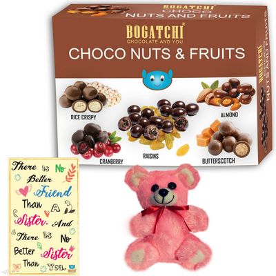 BOGATCHI Rakhi Chocolate Gift Pack for Sister, Chocolate Coated Assorted Nuts and Fruits, 200g + Free Rakhi Greeting Card + Free Teddy