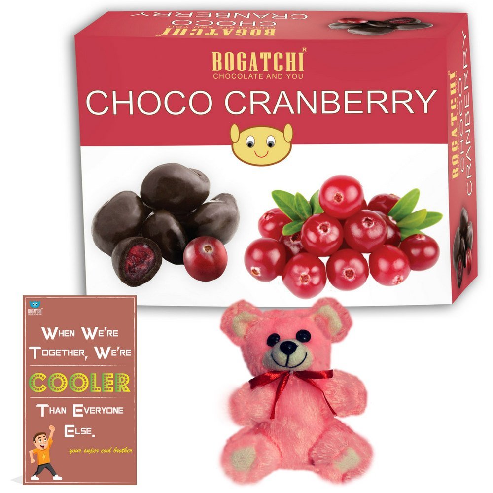 BOGATCHI Rakhi Special Rich Dry Collection Gift for Sister, Chocolate Coated Cranberry, 200g + Free Rakhi Greeting Card + Free Teddy
