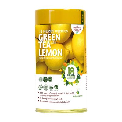 18 Herbs Organics Health with Herbs Green Tea with Lemon (40 Tea Bags - 54 grams - Tin Caddy - Pack of 1) Lemon Green Tea Fights Infection - Chemical Free Unique Round Immunity Booster Tea Bags