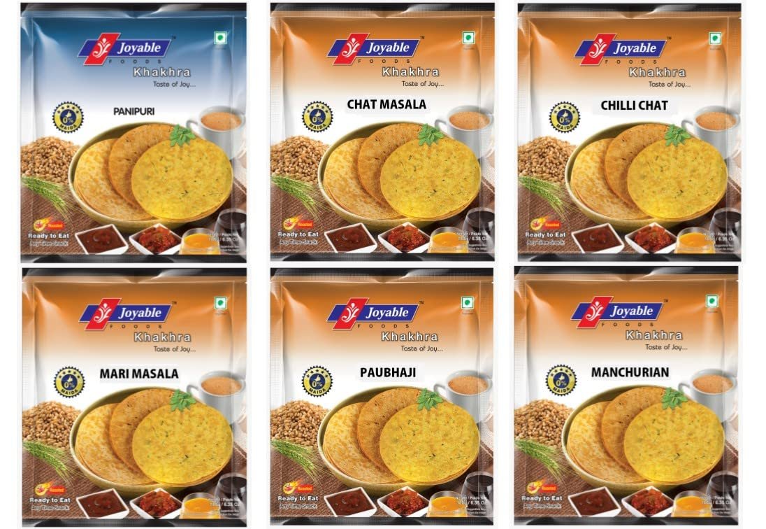Joyable Khakhra 6 Flavor Combo (Mari Masala, Chat Masala, Chilly Chat, Panipuri, Paubhaji, Manchurian) | Healthy Traditional Gujarati Snacks | Ready To Use - Pack Of 6,1200gram