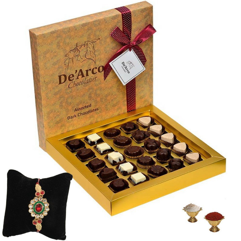 De'Arco Chocolatier Handmade Luxurious Rakhi Gift Chocolate Box, Dark Chocolate Gift Hamper for Brother, 25Pcs + Free 1 Rakhi + Free Roli Chawal