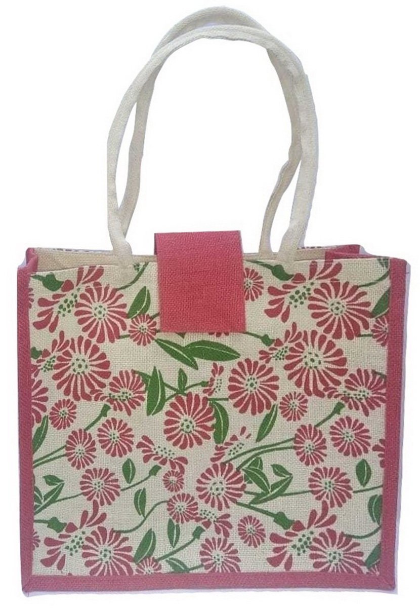 Maheshwari Jute Bag for Lunch & Shopping, Maroon & Green, 15 x 4 x 12 inches