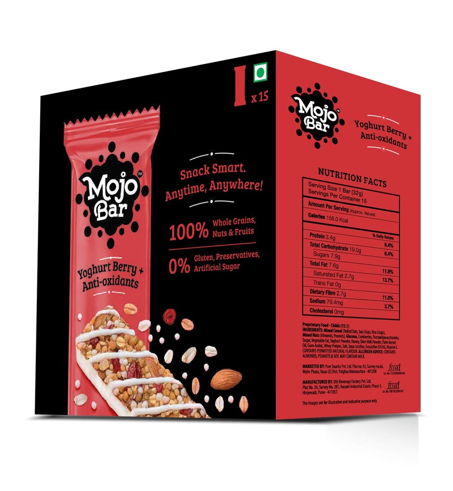 Mojo Bar Energy Bars Yoghurt Berry & Anti Oxidant | 100% Whole Grains, Nut & Fruit | High Energy & Granola Bars | Pack of 15 x 32g Energy Bars | Gluten Free & No Preservatives