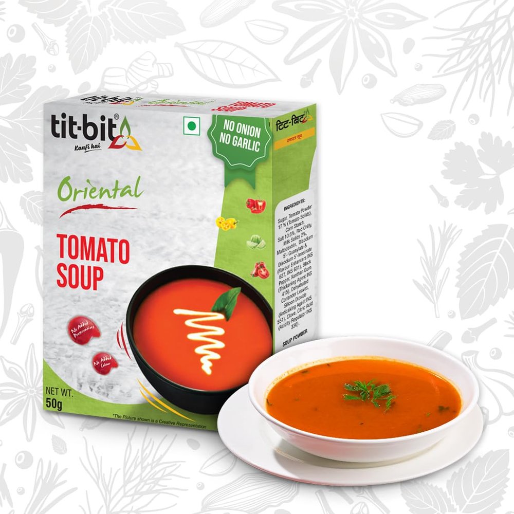 Tit-Bit Tomato Soup Powder Pack of 5 (250g), Instant Chatpata and Spicy Tomato Soup, No Onion No Garlic, Ready-to-eat Soup Packets for Easy Preparation