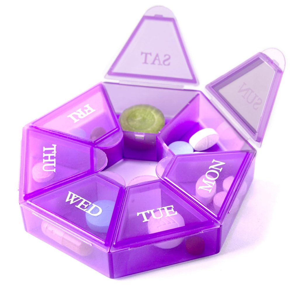 7-Sided Portable Pill Box Medicine Planner Small case (Seven Day Weekly Travel Container) Medication, Vitamin Holder Boxes Organizer Pillbox Dispenser Organizer, sorter and Reminder containers