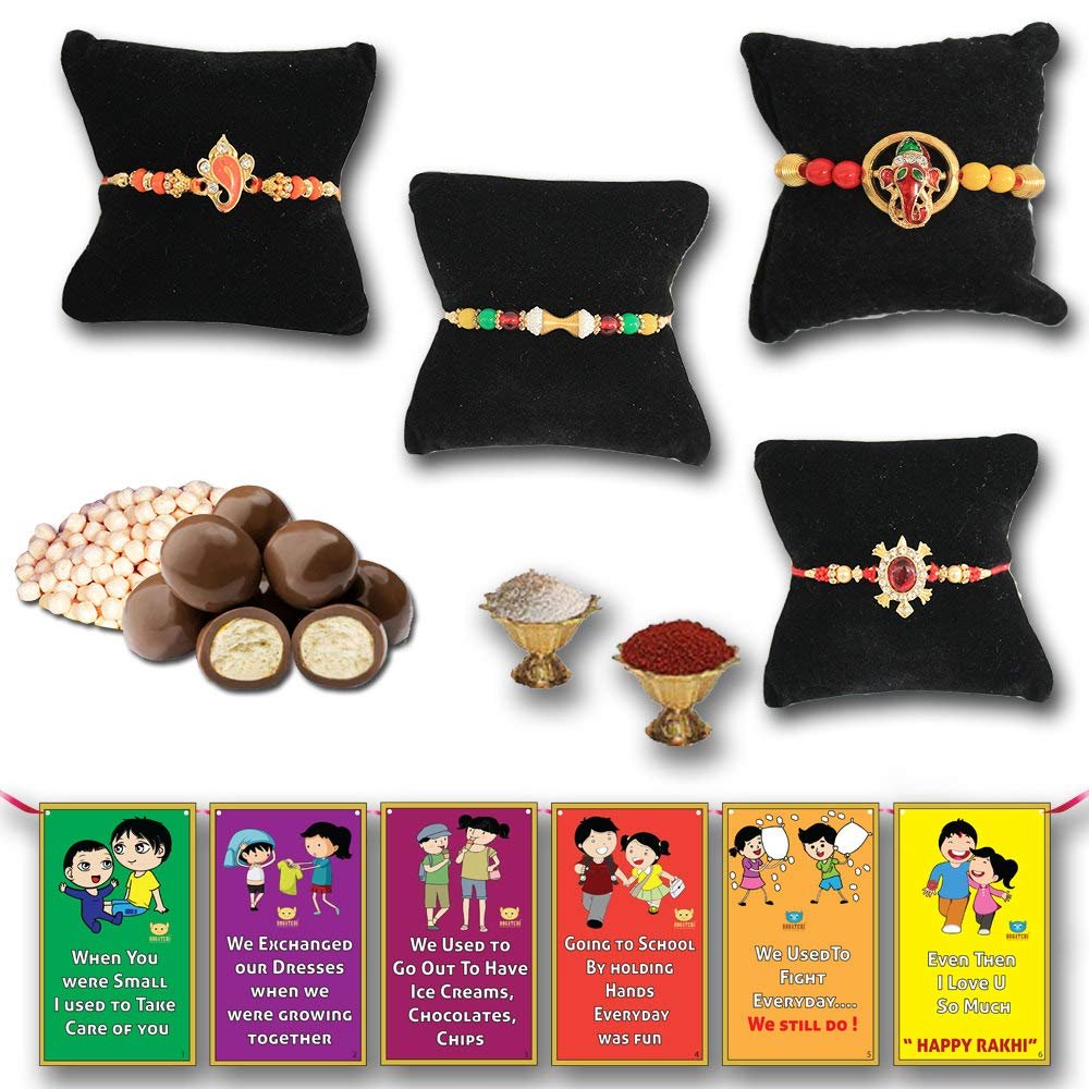 BOGATCHI Chocolate Coated Butterscotch Nuts/Crispy - 50g FREE with Combo of Gold Finish, Designer and 2 Ganesh Rakhi,Complete Rakhi Set for bothers + FREE Roli Chawal + FREE Rakhi Special Brother Sister Story Cards Set