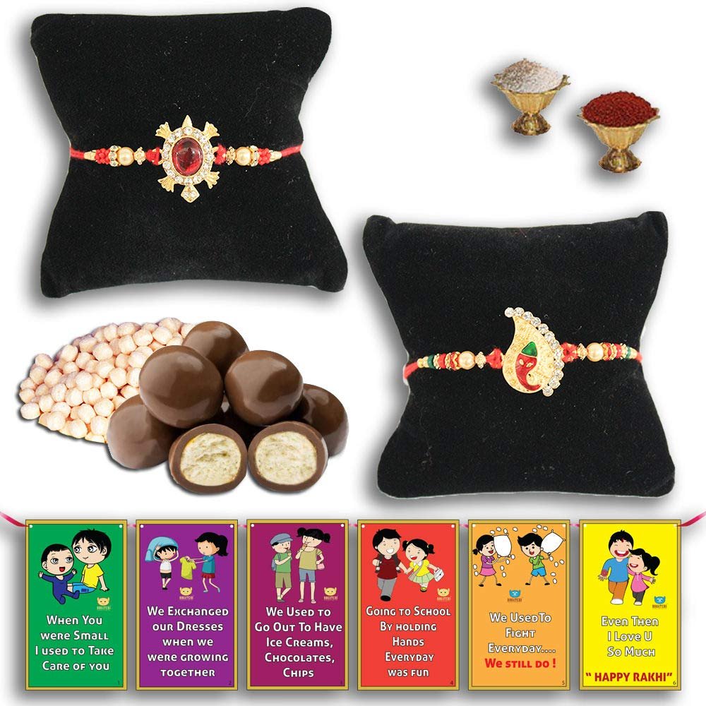 BOGATCHI Chocolate Coated Butterscotch Nuts/Crispy - 50g FREE with Lovely Gold Finish Design and Designer Rakhi,Best Rakhi Combo for Brother + FREE Roli Chawal + FREE Rakhi Special Brother Sister Story Cards Set