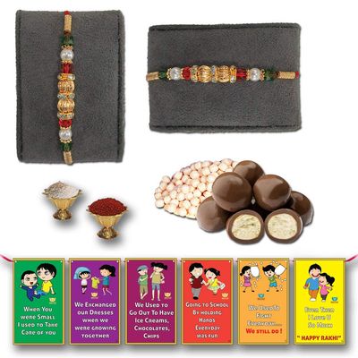 BOGATCHI Chocolate Coated Butterscotch Nuts/Crispy - 50g FREE with Beautiful Looking 2 Golden Beads Rakhi, Set of 2 Rakhi, Best Rakhi for Brother + FREE Roli Chawal + FREE Rakhi Special Brother Sister Story Cards Set