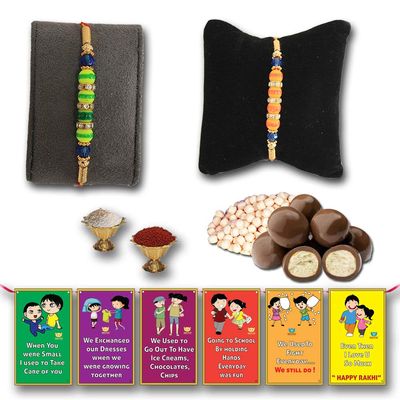 BOGATCHI Chocolate Coated Butterscotch Nuts/Crispy - 50g FREE with Combo of 2 Lovely Colourful Pearl Rakhi,Complete Rakhi Set for bothers + FREE Roli Chawal + FREE Rakhi Special Brother Sister Story Cards Set
