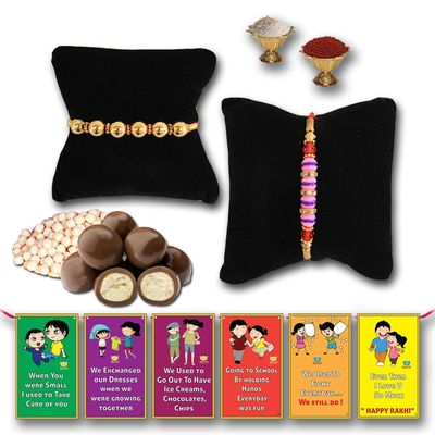 BOGATCHI Chocolate Coated Jumbo Crispy / Butterscotch Nuts - 50g FREE with Beautiful Looking 2 Golden Beads Rakhi, Set of 2 Rakhi, Best Rakhi for Brother + FREE Roli Chawal + FREE Rakhi Special Brother Sister Story Cards Set
