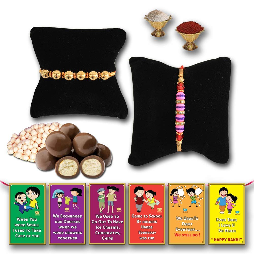 BOGATCHI Chocolate Coated Jumbo Crispy / Butterscotch Nuts - 50g FREE with Beautiful Looking 2 Golden Beads Rakhi, Set of 2 Rakhi, Best Rakhi for Brother + FREE Roli Chawal + FREE Rakhi Special Brother Sister Story Cards Set
