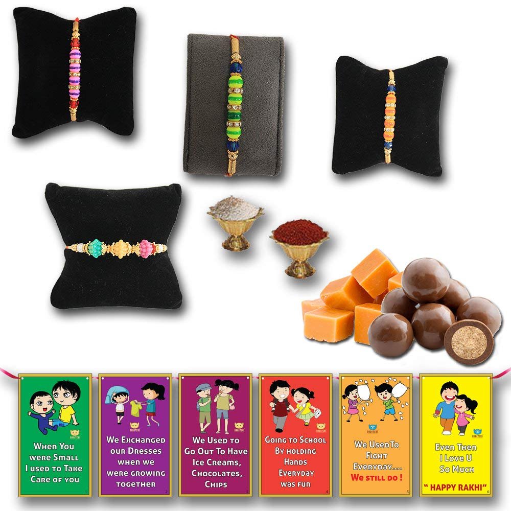 BOGATCHI Chocolate Coated Butterscotch Nuts/Crispy - 50g FREE with Lovely Combo of 4 Different Design Rakhi,Complete Rakhi Set for bothers + FREE Roli Chawal + FREE Rakhi Special Brother Sister Story Cards Set