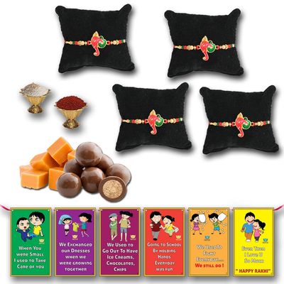 BOGATCHI Chocolate Coated Butterscotch Nuts/Crispy - 50g FREE with Combo of 4 Lovely Ganesh Shape Design Rakhi Rakhi,Complete Rakhi Set for bothers + FREE Roli Chawal + FREE Rakhi Special Brother Sister Story Cards Set