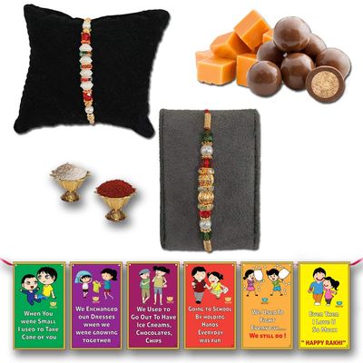BOGATCHI Chocolate Coated Butterscotch Nuts/Crispy - 50g FREE with Elegant White Pearl Rakhi and Golden Pearl Rakhi, Set of 2 Rakhi, Best Rakhi for Brother + FREE Roli Chawal + FREE Rakhi Special Brother Sister Story Cards Set