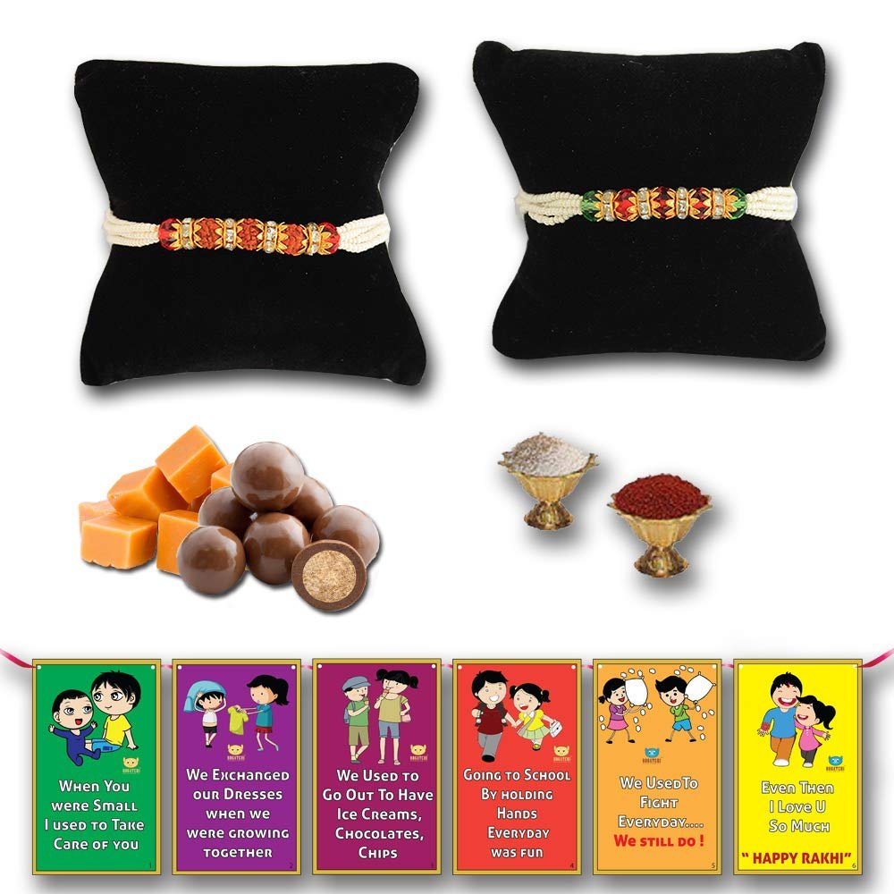 BOGATCHI Chocolate Coated Jumbo Crispy / Butterscotch Nuts - 50g FREE with Pack of 2 Unique Type Rakhi,Complete Rakhi Set for bothers + FREE Roli Chawal + FREE Rakhi Special Brother Sister Story Cards Set