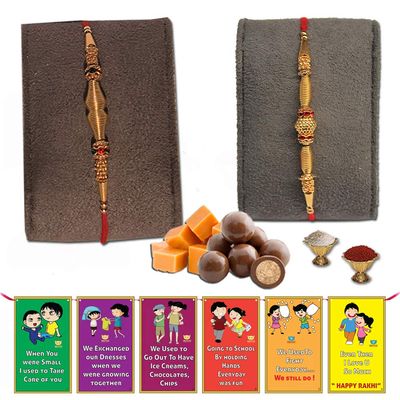 BOGATCHI Chocolate Coated Jumbo Crispy / Butterscotch Nuts - 50g FREE with Elegant Looking Bhaiyan Rakhi and Silver Beads Rakhi, Set of 2 Rakhi, Best Rakhi for Brother + FREE Roli Chawal + FREE Rakhi Special Brother Sister Story Cards Set
