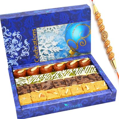 Ghasitaram Gifts Rakhi Gifts for Brothers Rakhi Sweets - Assorted Box of Kaju Chocolate Barfi,Mango Bite, Mathura Diya and Besan Barfi 400 GMS with Om Beads Rakhi