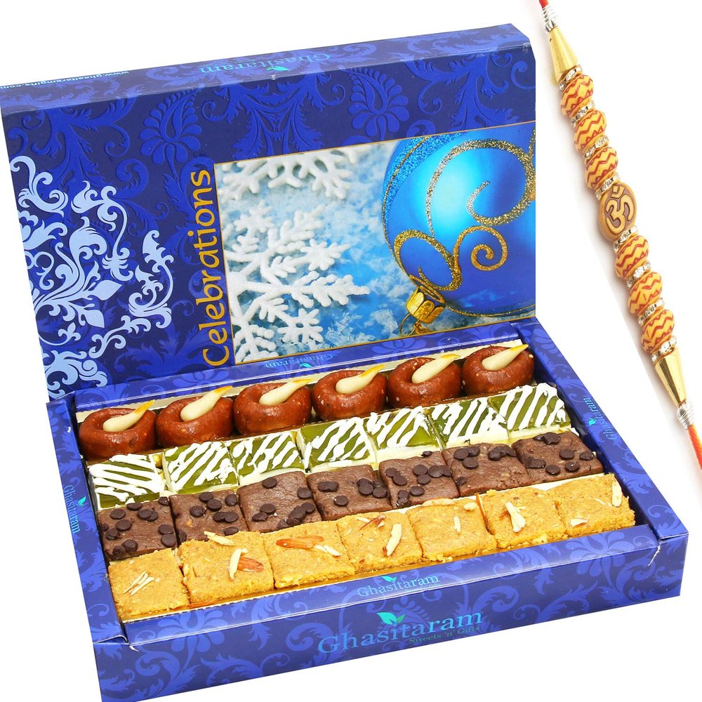 Ghasitaram Gifts Rakhi Gifts for Brothers Rakhi Sweets - Assorted Box of Kaju Chocolate Barfi,Mango Bite, Mathura Diya and Besan Barfi 400 GMS with Om Beads Rakhi