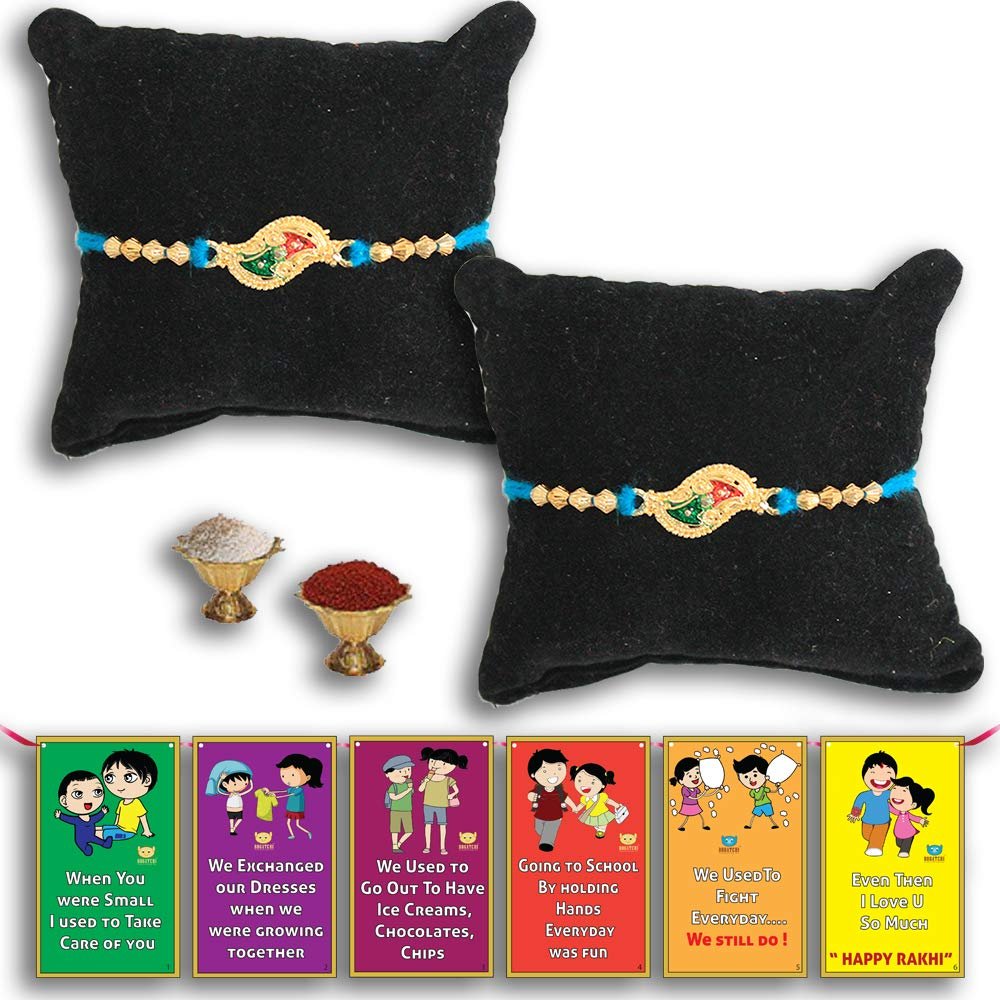 BOGATCHI Chocolate Coated Butterscotch Nuts/Crispy - 50g FREE with 2 Beautiful looking Ganesh Shape Rakhi, Set of 2 Rakhi, Best Rakhi for Brother + FREE Roli Chawal + FREE Rakhi Special Brother Sister Story Cards Set