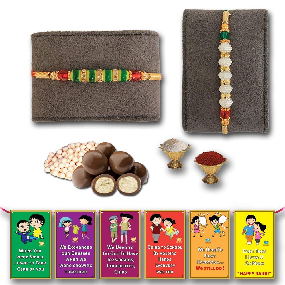 BOGATCHI Chocolate Coated Jumbo Crispy / Butterscotch Nuts - 50g FREE with Combo of 2 Lovely Colourful Pearl Rakhi, Rakhi Set for bothers + FREE Roli Chawal + FREE Rakhi Special Brother Sister Story Cards Set