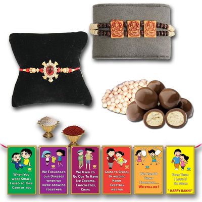 BOGATCHI Chocolate Coated Butterscotch Nuts/Crispy - 50g FREE with Combo of Religious and Gold Finish Rakhi,Complete Rakhi Set for bothers + FREE Roli Chawal + FREE Rakhi Special Brother Sister Story Cards Set