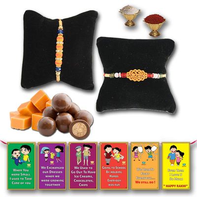 BOGATCHI Chocolate Coated Butterscotch Nuts/Crispy - 50g FREE with Pack of Adorable Bhaiya and Decent Orange Pearl Rakhi,Complete Rakhi Set for bothers + FREE Roli Chawal + FREE Rakhi Special Brother Sister Story Cards Set