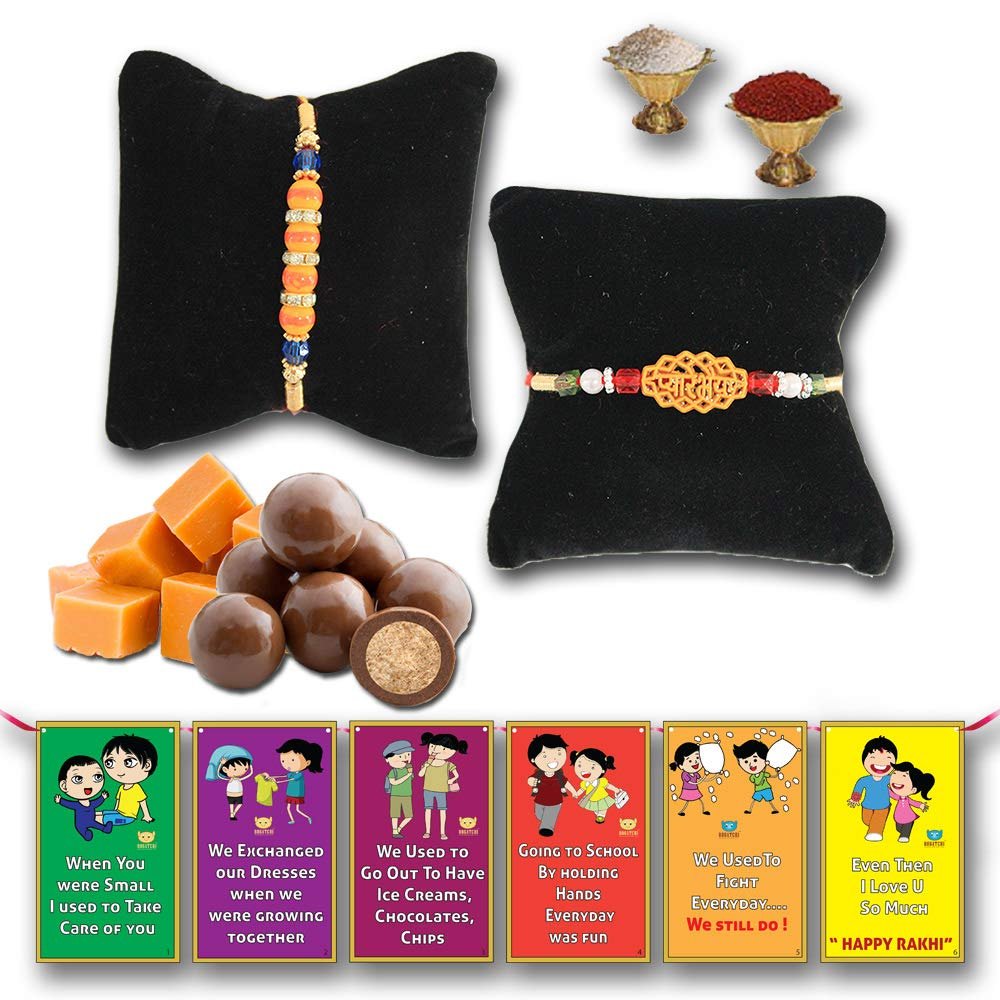 BOGATCHI Chocolate Coated Butterscotch Nuts/Crispy - 50g FREE with Pack of Adorable Bhaiya and Decent Orange Pearl Rakhi,Complete Rakhi Set for bothers + FREE Roli Chawal + FREE Rakhi Special Brother Sister Story Cards Set