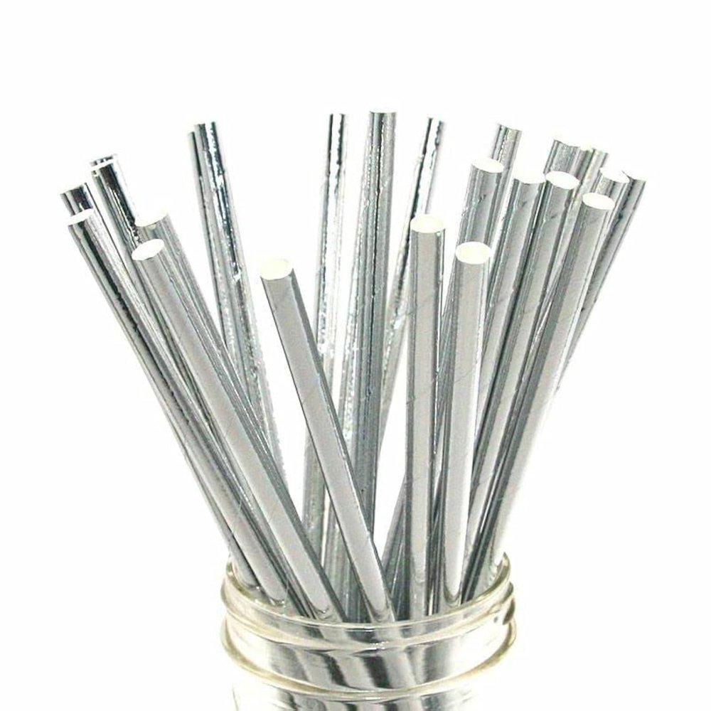 BOFA Eco Tableware shiny silver paper straws for drinking, 100 metal straws silver disposable silver straws, solid strip paper straws for party decoration