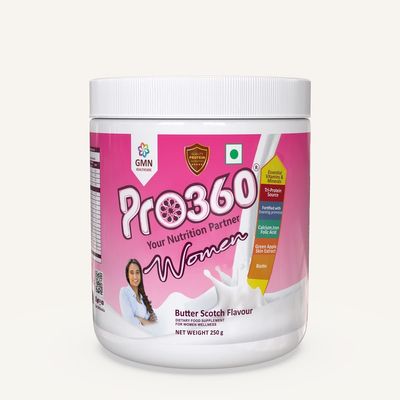 Pro360 Women Protein Rich Nutritional Supplement Enriched with Calcium, Iron for Stronger Bones and Improved Haemoglobin 25 Essential Nutrients with Evening Primrose Butterscotch Flavor 250G