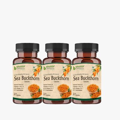 Bhumija Lifesciences Sea Buckthorn Berry 500 MG Extract Antioxidant Supplement & Immunity Booster (60 Capsules, 500MG, Pack of 3) Natural Source of Vitamin A, B, C, E, K, Omega 3, 6, 7, 9