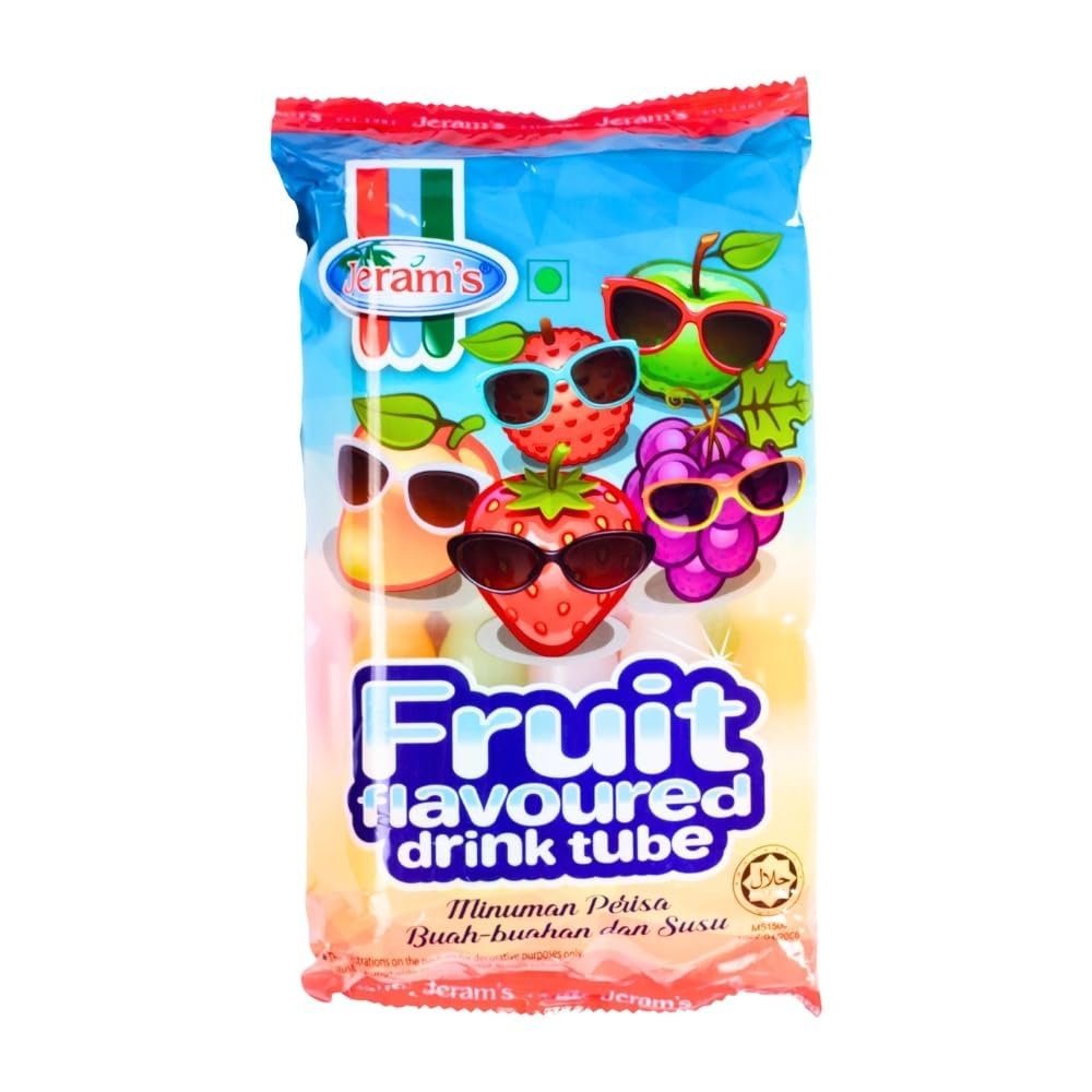 Jeram's Fruit Flavoured Milk Ice Tubes| 10pcs x 45ml (450ml) | Flavours - Strawberry, Mango, Lychee, Green Apple & Grape | Jelly Drink Tubes for Every Mood | Ready-to-Eat | Imported from Malaysia