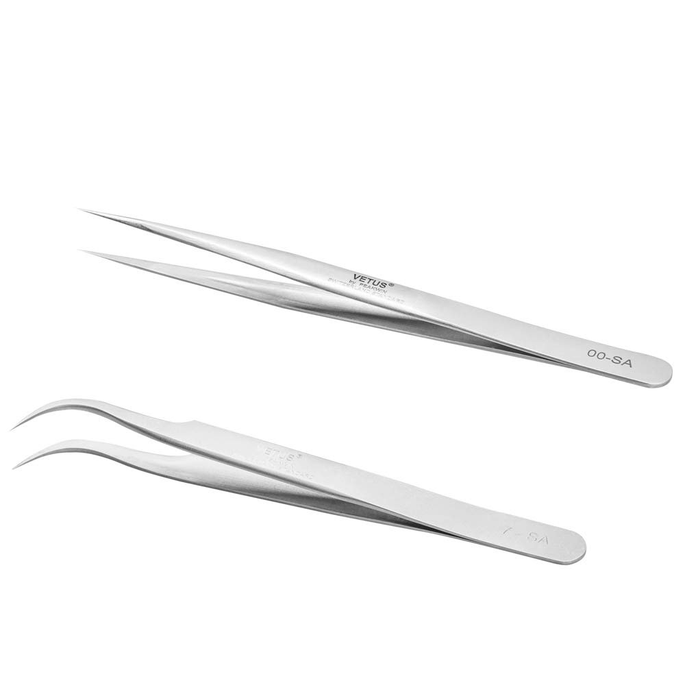 2 Pieces VETUS Straight and Curved Tip Tweezers Nipper for Eyelash Extensions Stainless Steel Tweezers Tools Precision Set Professional Tweezer for False Lash, for Single Lash and 3D-6D Volume Lashes