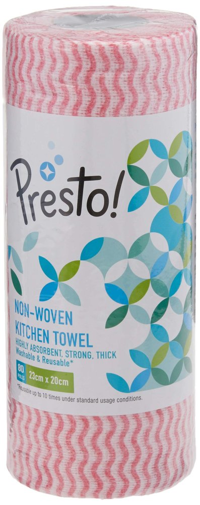 Amazon Brand - Presto! Non-woven Kitchen Towel Roll | 80 Pulls | Red Kitchen Cloth | Food Safe | Lint-free and Residue-Free | Washable and Reusable | Highly Absorbent