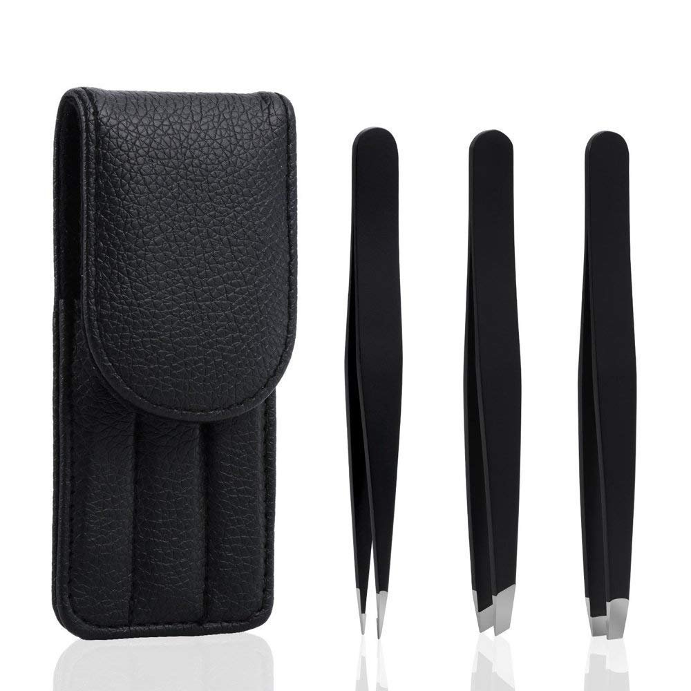 bC BimeTALliC CAble Stainless Steel Tweezers Slanted, Pointed and Flat Tip for The Removal of Facial, Ingrown Hairs, Splinters and The Treatment of Blackheads, Black