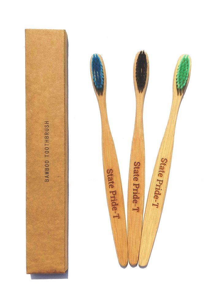 State Pride -T Biodegradable Bamboo Toothbrush for Adults - Pack of 3| Eco Toothbrushes | 100% Biodegradable Handle | Colours Medium Bristles | Recyclable Toothbrush | BPA & Plastic-Free With Free Cotton Pouch