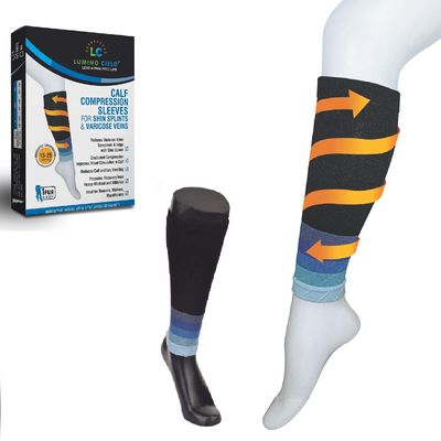 Lumino Cielo Calf Compression Sleeves for Shin Splints (15-25 mmHg) Footless Compression Socks for Calf Pain Relief (Black/Blue, Size: S/M)