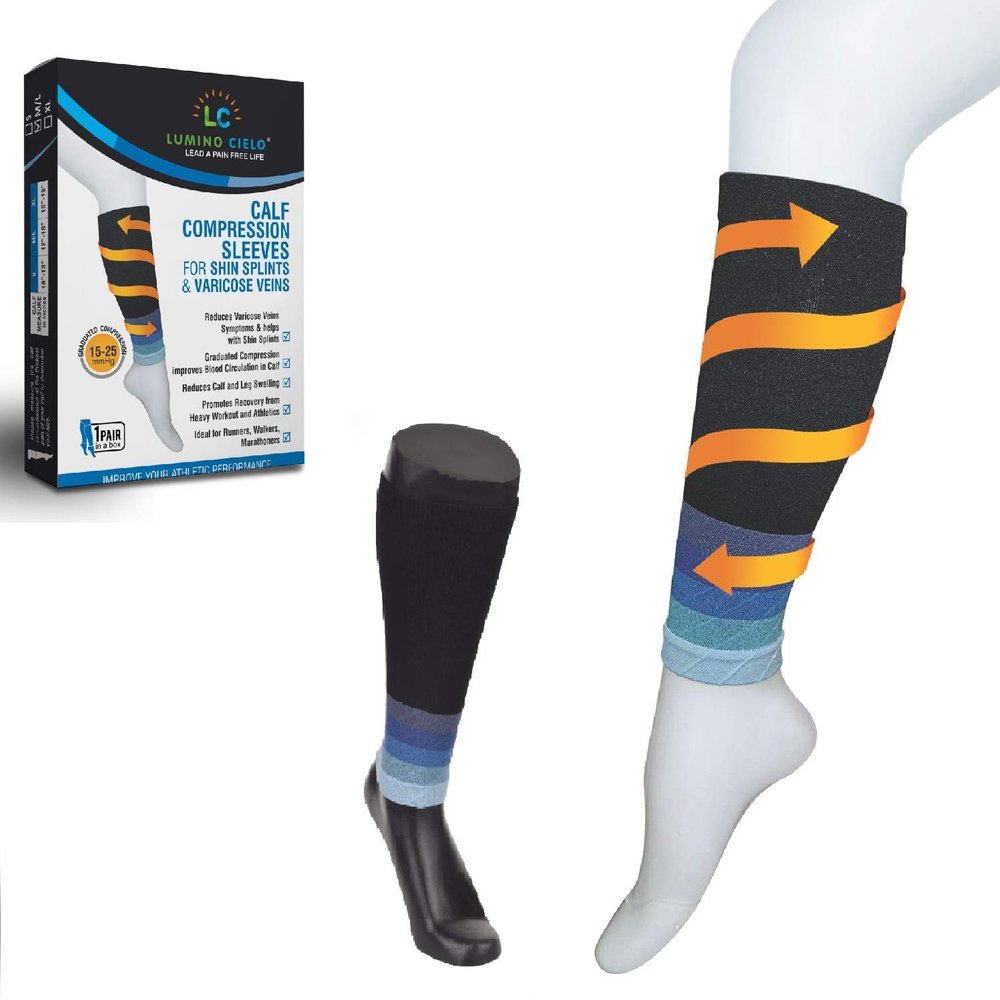 Lumino Cielo Calf Compression Sleeves for Shin Splints (15-25 mmHg) Footless Compression Socks for Calf Pain Relief (Black/Blue, Size: S/M)