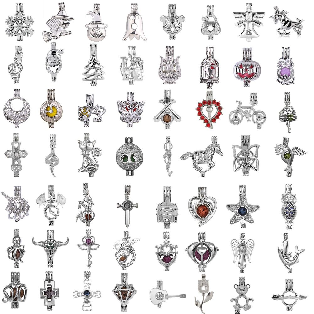 50Pcs Mixed Pearl Bead Cage Pendants Jewelry Making Essential Oil Diffuser-Add Your Stone/Pearl/Essential Oils to Cage (50pcs)