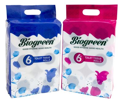 Biogreen Virgin Soft Toilet Roll/Bath Tissues (6 IN 1) 2 Ply 250 sheet per roll (Pack of 2) Hygienic, Ultra Thick, Soft, Biodegradable, Multipurpose