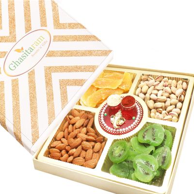 Bhaidooj Gifts - Ghasitaram Special Almonds, Pistachios, Dried Kiwi and Mango Box with Mini Pooja Thali