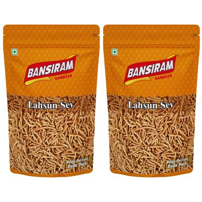 Bansiram Lahsun Sev 750g (2 x 375g) | Spicy & Crispy Garlic Sev | Ready-to-Eat Indian Tea-Time Snack | Authentic Gujarati Namkeen | Premium Snack Combo for Home & Parties