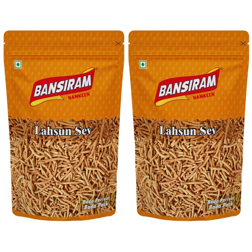 Bansiram Lahsun Sev 750g (2 x 375g) | Spicy & Crispy Garlic Sev | Ready-to-Eat Indian Tea-Time Snack | Authentic Gujarati Namkeen | Premium Snack Combo for Home & Parties