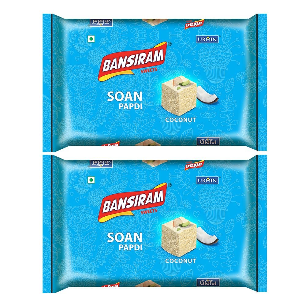 Bansiram Sweets | Soan Papdi Coconut Flavour | Premium Indian Sweet Mithai | Flaky, Soft & Delicious Dessert | Perfect for Gifting & Festivals | Ready-to-Eat Pack of 2 x 250g  Total 500g