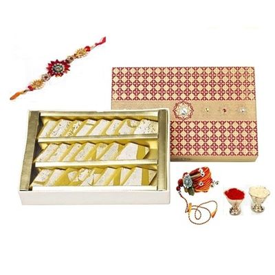GHASITARAM'S Kesari Kaju Katlis Mithai Diwali Sweets Gift Box with Diya and Silver Plated Coin, 400 gm