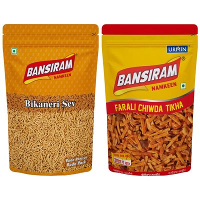 Bansiram Namkeen Combo | Bikaneri Sev (375g) & Faradi Chiwda Tikha (350g) | Spicy & Crunchy Indian Snacks | Fasting Special & Tea-Time Munchies | Total 725g