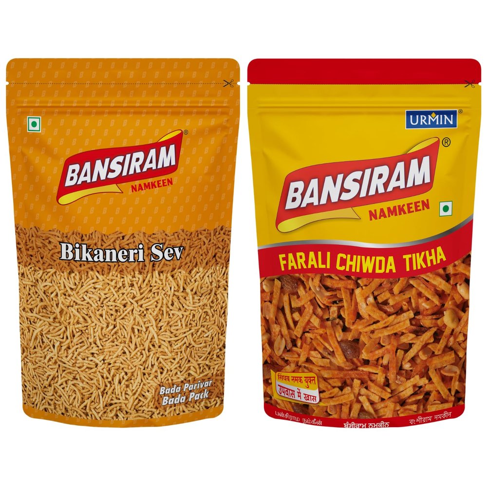 Bansiram Namkeen Combo | Bikaneri Sev (375g) & Faradi Chiwda Tikha (350g) | Spicy & Crunchy Indian Snacks | Fasting Special & Tea-Time Munchies | Total 725g