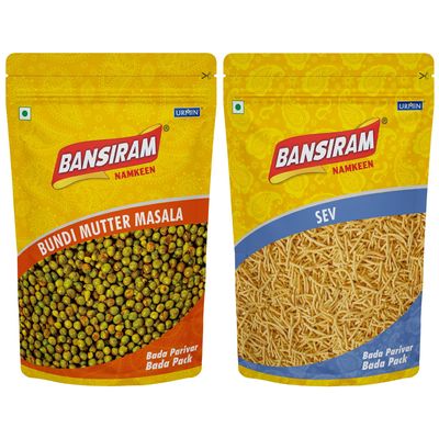 Bansiram Namkeen Combo | Bundi Mutter Masala & Namkeen Sev (2 x 375g) | Spicy & Crunchy Indian Snacks | Ready-to-Eat Tea-Time Munchies | Total 750g