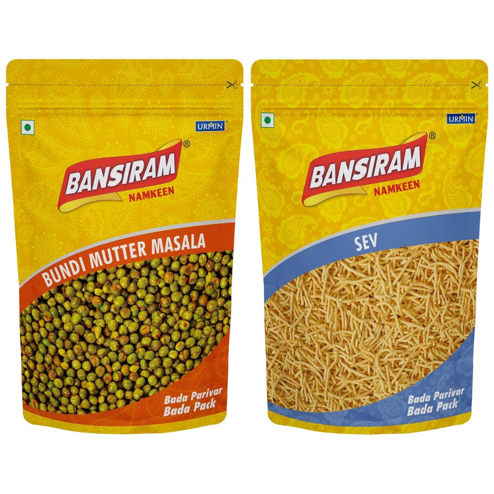Bansiram Namkeen Combo | Bundi Mutter Masala & Namkeen Sev (2 x 375g) | Spicy & Crunchy Indian Snacks | Ready-to-Eat Tea-Time Munchies | Total 750g