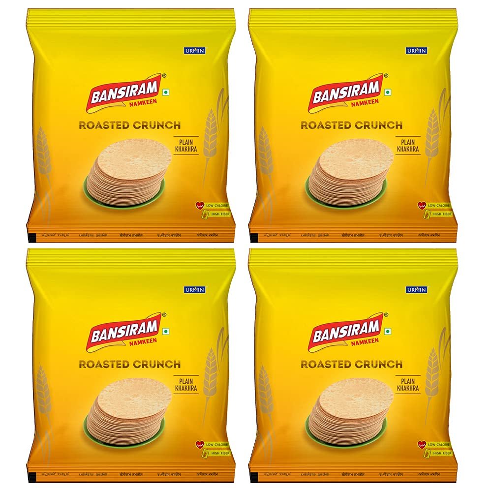 Bansiram Namkeen | Roasted Crunch Plain Khakhra | Traditional Gujarati Snack | Crispy, Light & Healthy | Ready-to-Eat & Travel-Friendly Tea-Time Snack | Set of 4 x 180g  Total 720g